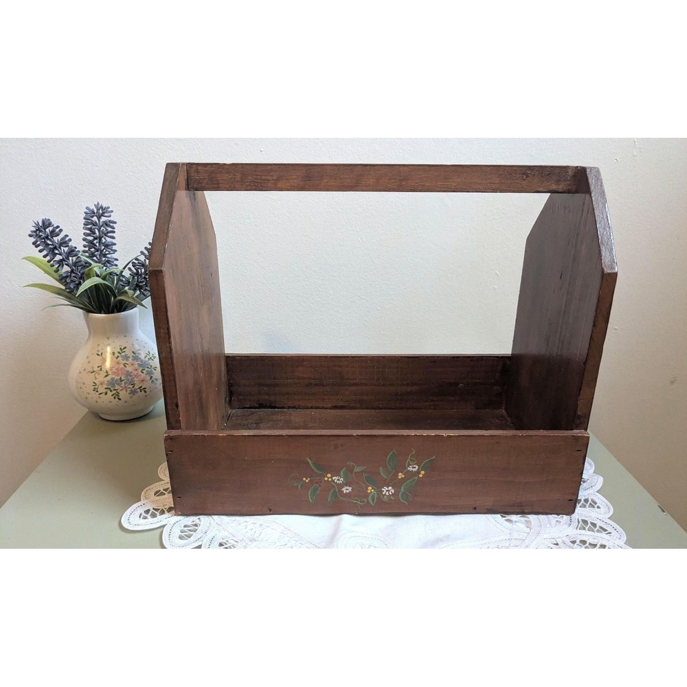 Vintage Folk Art Wooden Magazine‎ Rack, Primitive Farmhouse Storage Basket